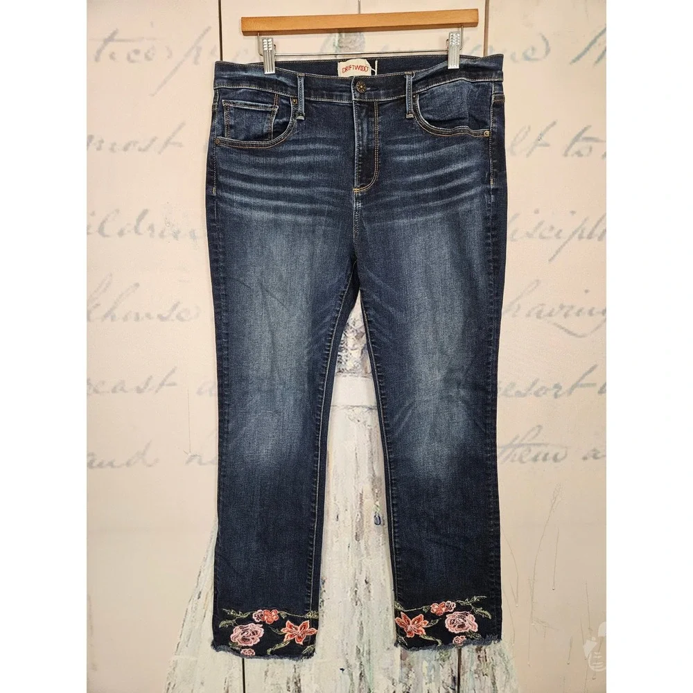 Driftwood Colette Jeans 33 Dark Wash Floral Embroidered Raw Hem Boho Straight